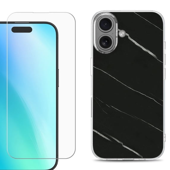 For iphone 16 Plus Phone Case Cover, Shockproof Case with Tempered Glass Screen Protector, by OneToughShield - Marble / Black
