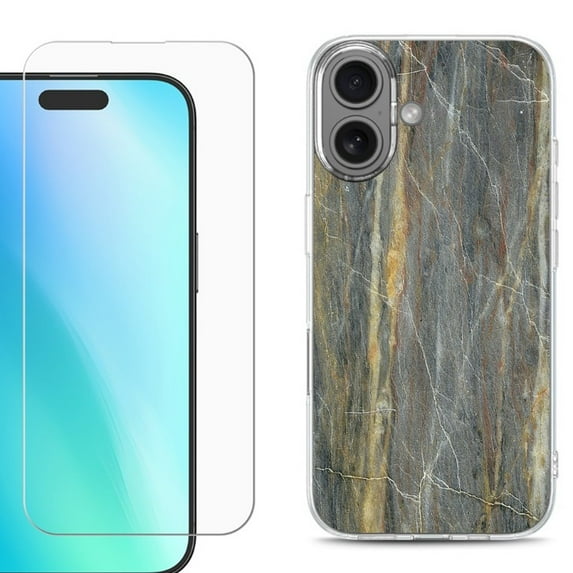 For iphone 16 Plus Phone Case Cover, Shockproof Case with Tempered Glass Screen Protector, by OneToughShield - Marble/Camo