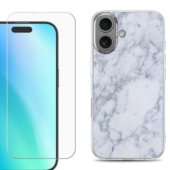 For iphone 16 Plus Phone Case Cover, Shockproof Case with Tempered Glass Screen Protector, by OneToughShield - Marble / Clouds