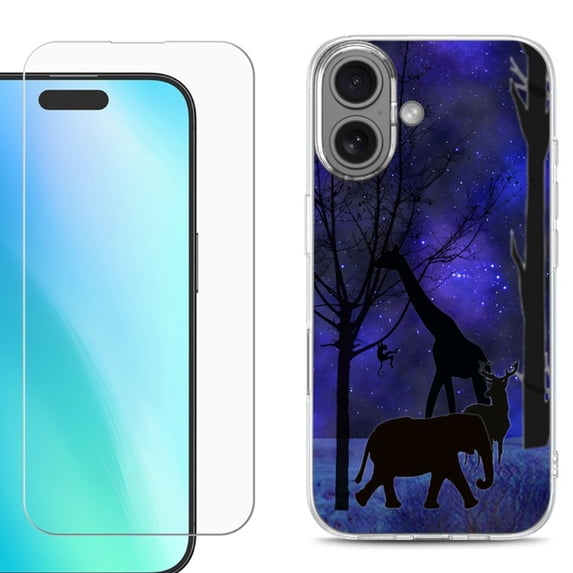 For iphone 16 Plus Phone Case Cover, Shockproof Case with Tempered Glass Screen Protector, by OneToughShield - Midnight Safari