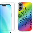 thumbnail image 1 of For iphone 16 Plus Phone Case Cover, Shockproof Case with Tempered Glass Screen Protector, by OneToughShield - Music Notes / Rainbow, 1 of 4