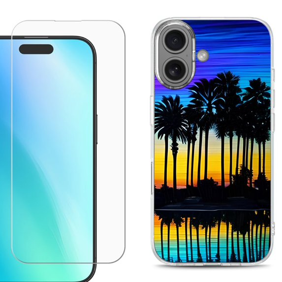 For iphone 16 Plus Phone Case Cover, Shockproof Case with Tempered Glass Screen Protector, by OneToughShield - Palmtree