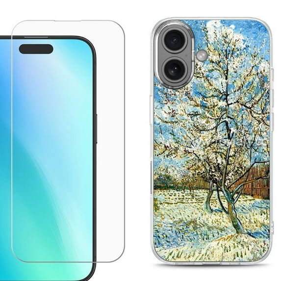 For iphone 16 Plus Phone Case Cover, Shockproof Case with Tempered Glass Screen Protector, by OneToughShield - Peach Tree Blossom