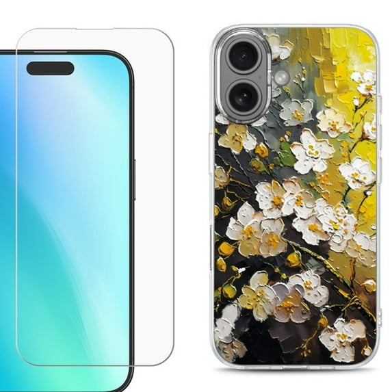 For iphone 16 Plus Phone Case Cover, Shockproof Case with Tempered Glass Screen Protector, by OneToughShield - Plum Flower
