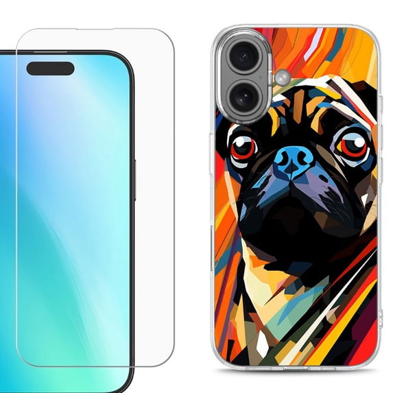 For iphone 16 Plus Phone Case Cover, Shockproof Case with Tempered Glass Screen Protector, by OneToughShield - Pug Art