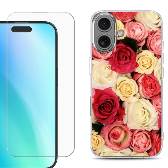 For iphone 16 Plus Phone Case Cover, Shockproof Case with Tempered Glass Screen Protector, by OneToughShield - Rose Bouquet