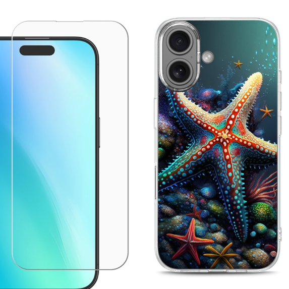 For iphone 16 Plus Phone Case Cover, Shockproof Case with Tempered Glass Screen Protector, by OneToughShield - Starfish