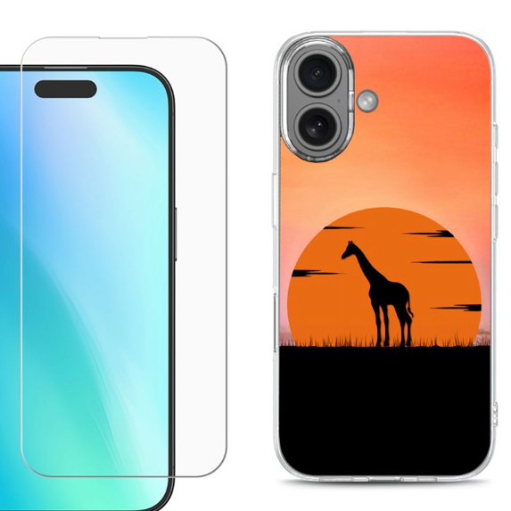 For iphone 16 Plus Phone Case Cover, Shockproof Case with Tempered Glass Screen Protector, by OneToughShield - Sunset Giraffe