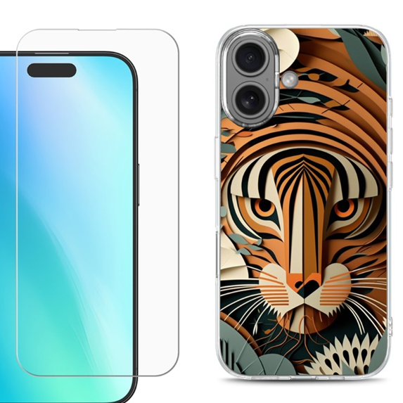 For iphone 16 Plus Phone Case Cover, Shockproof Case with Tempered Glass Screen Protector, by OneToughShield - Tiger Art