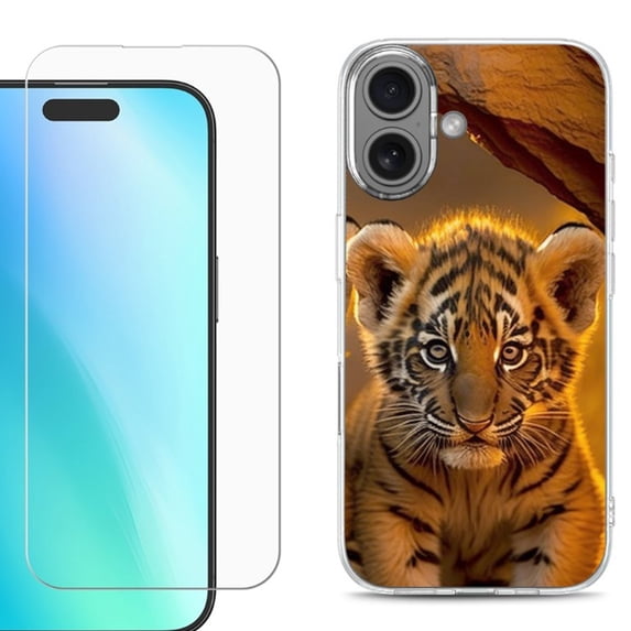 For iphone 16 Plus Phone Case Cover, Shockproof Case with Tempered Glass Screen Protector, by OneToughShield - Tiger Cub