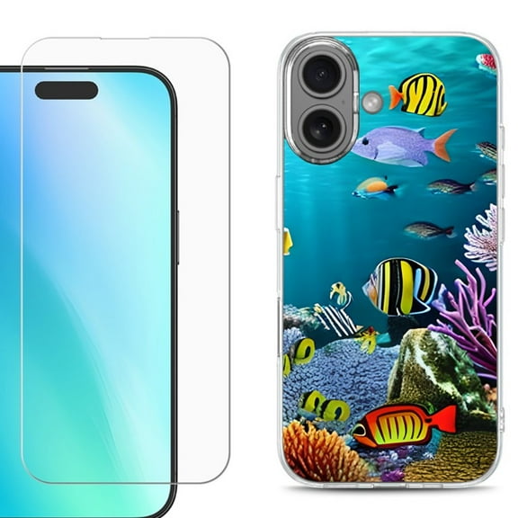 For iphone 16 Plus Phone Case Cover, Shockproof Case with Tempered Glass Screen Protector, by OneToughShield - Underwater