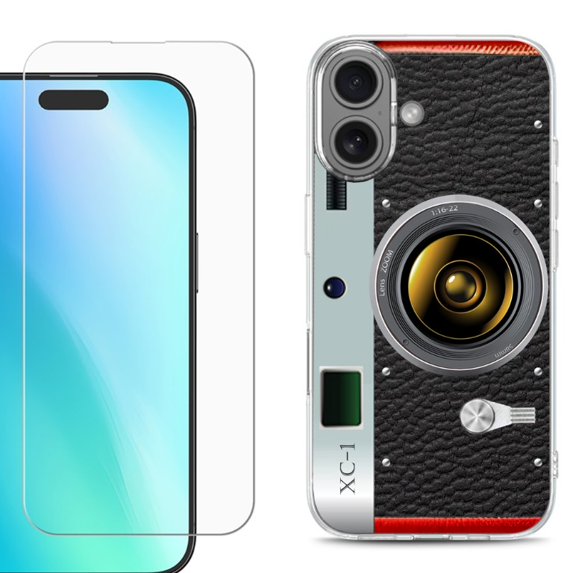 For iphone 16 Plus Phone Case Cover, Shockproof Case with Tempered Glass Screen Protector, by OneToughShield - Vintage Camera