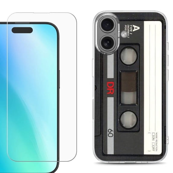 For iphone 16 Plus Phone Case Cover, Shockproof Case with Tempered Glass Screen Protector, by OneToughShield - Vintage Cassette