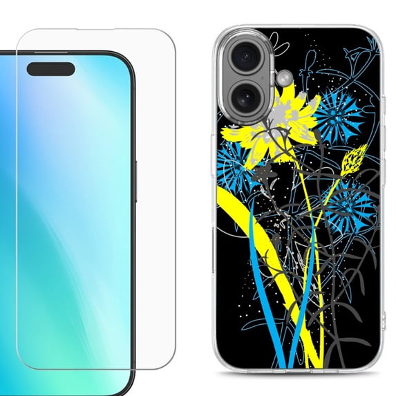 For iphone 16 Plus Phone Case Cover, Shockproof Case with Tempered Glass Screen Protector, by OneToughShield - Wild Flowers