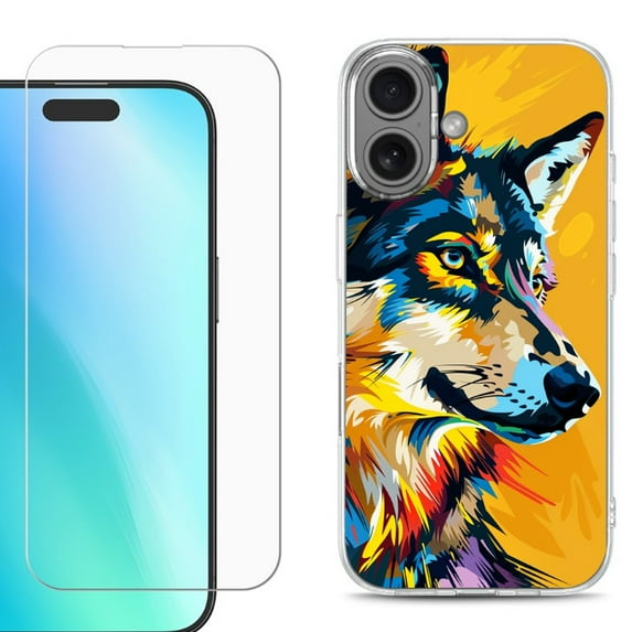 For iphone 16 Plus Phone Case Cover, Shockproof Case with Tempered Glass Screen Protector, by OneToughShield - Wolf Art