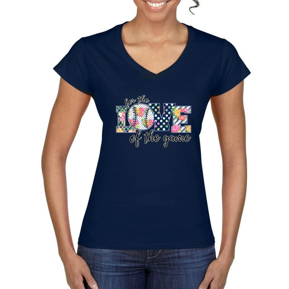 For the Love of the Game Sports Women's Standard V-Neck Tee, Navy, Small