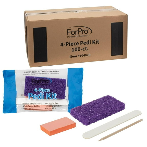 ForPro 4-Piece Pedi Kit, 100-Count, Individually-Packed Pedicure Set, Purple Pumice Pad, White Wood Nail File 80/100 Grit, Orange Mini Buffer 80/100 Grit, Wood Stick