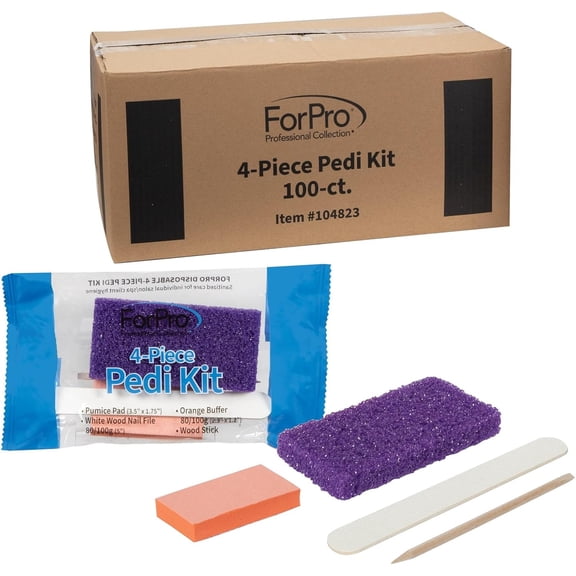 ForPro 4-Piece Pedi Kit, 100-Count, Individually-Packed Pedicure Set, Purple Pumice Pad, White Wood Nail File 80/100 Grit, Orange Mini Buffer Stick