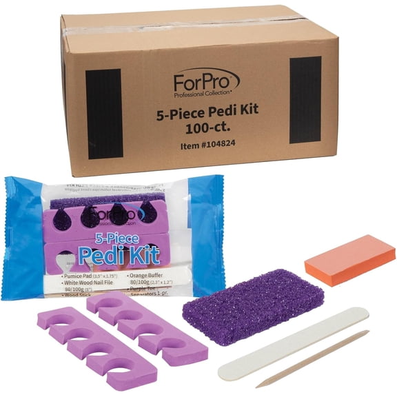 ForPro 5-Piece Pedi Kit, 100-Count, Individually-Packed Pedicure Set, Purple Pumice Pad, Wood Nail File 80/100 Grit, Mini Buffer Stick, Toe Separators