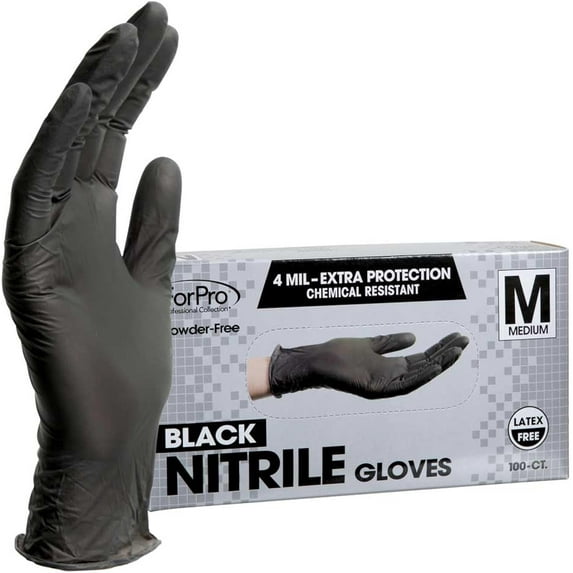 ForPro Disposable Nitrile Gloves, Chemical Resistant, Powder-Free, Latex-Free, Non-Sterile, Food Safe, 4 Mil, Black, Medium, 100-Count