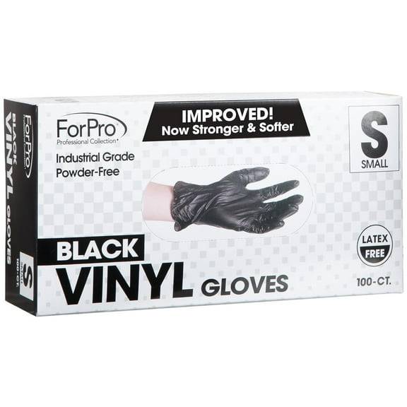 ForPro Disposable Vinyl Gloves, Black, Industrial Grade, Powder-Free, Latex-Free, Non-Sterile, Food Safe, 2.75 Mil. Palm, 3.9 Mil. Fingers, Small, 100-Count