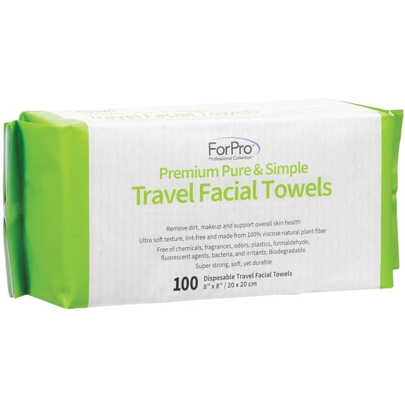 ForPro Premium Pure & Simple Travel Facial Towels, 100-Count Disposable Makeup Remover Dry Wipes, Ultra Soft Lint-Free Biodegradable 8" x 8" Face Towels