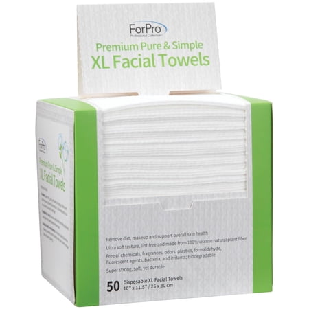 ForPro Premium Pure & Simple XL Facial Towels, Disposable Makeup Remover Dry Wipes, Ultra Soft Lint-Free Biodegradable Face Towels, 100% Vegan & Cruelty-Free, 50-Count