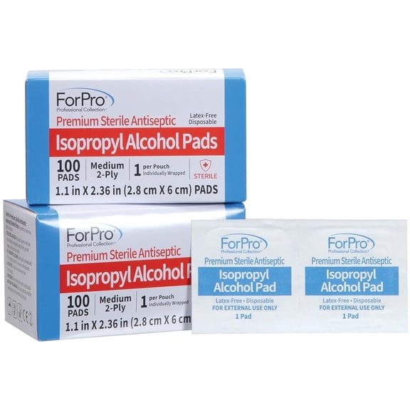 ForPro Premium Sterile Alcohol Prep Pads, 70% Isopropyl, 200 Medium 2-Ply Antiseptic Wipes, Individually-Wrapped, 100-Count (Pack of 2)