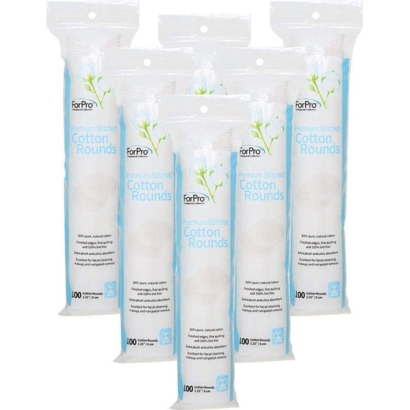 ForPro Premium Stitched Cotton Rounds, 100% Pure Cotton Pads for Removing Makeup, Nail Polish and Cleansing Face, 600-Count (Pack of 6-100 Cotton Rounds)