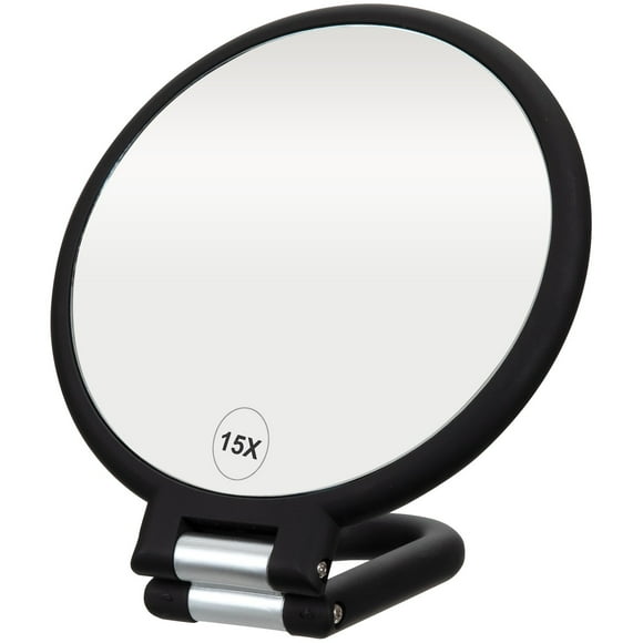 ForPro Professional Collection Premium Magnifying Handheld Mirror, 1X/15X Magnification Hand Mirror, Folding Adjustable Handle, for Makeup, Travel, Black