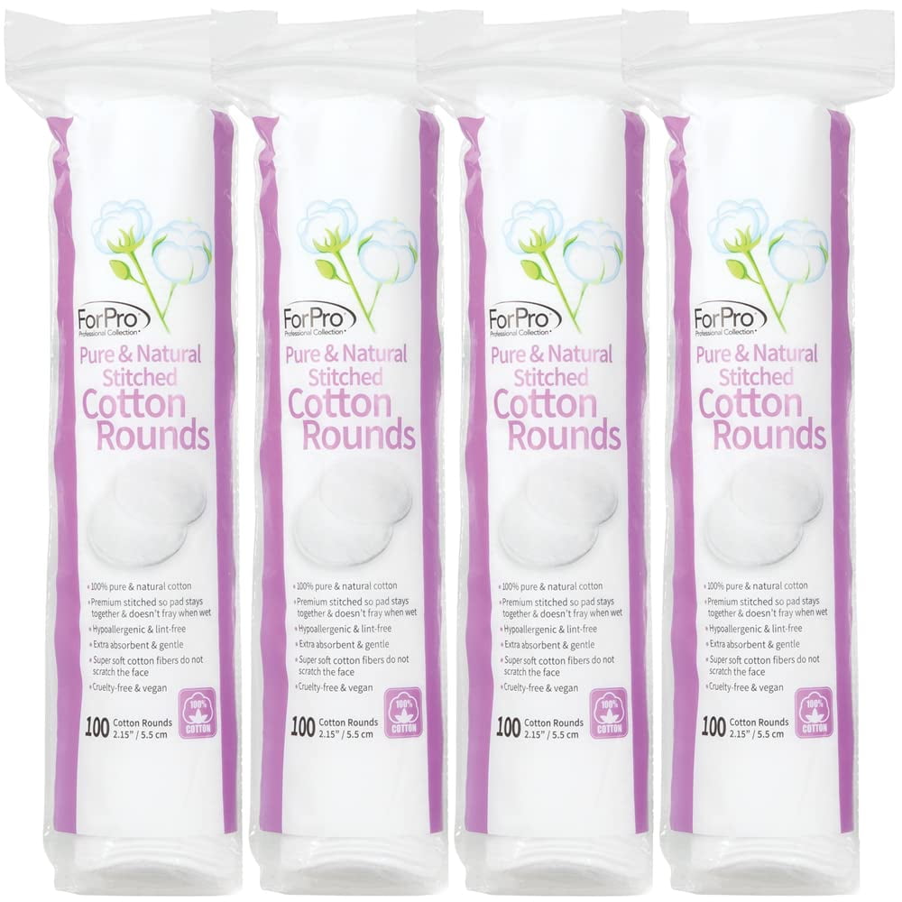 ForPro Pure & Natural Stitched Cotton Rounds for Face (400Count), 100 Pure Cotton Makeup