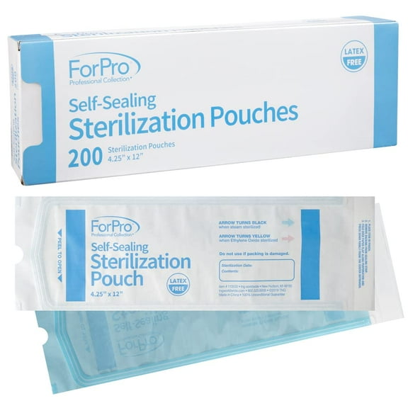 ForPro Self-Sealing Sterilization Pouches, Latex-Free, Color Changing Indicator, 4.25" W x 12" L, 200-Count