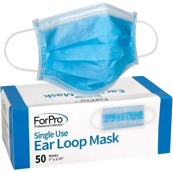 ForPro Single Use Ear Loop Mask, 3-Ply Disposable Non-Woven Face Mask, Latex-Free, Fiberglass-Free, Protects Against Pollen, Dust, 50-Count