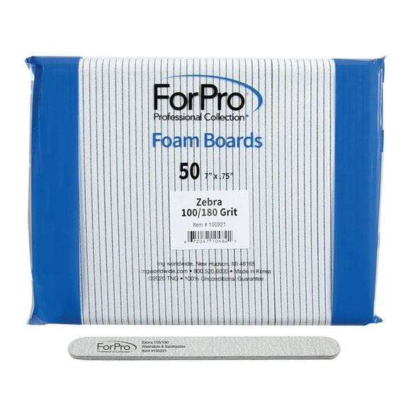 ForPro Zebra Foam Board, 100/180 Grit, Double-Sided Manicure Nail File, 7” L x .75” W 50-Count
