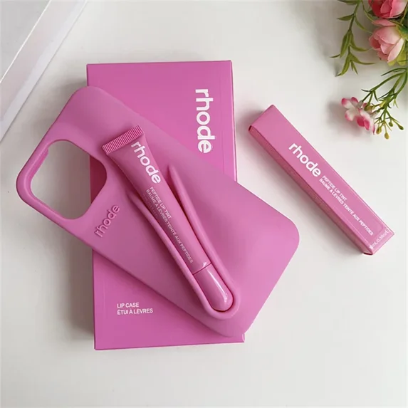 ForRhode with Lip Gloss Phone Case for IPhone 16 15 14 13 12 11 Pro Max Plus Lipstick Silicone DIY Toast Espresso Ribbon Box Cover
