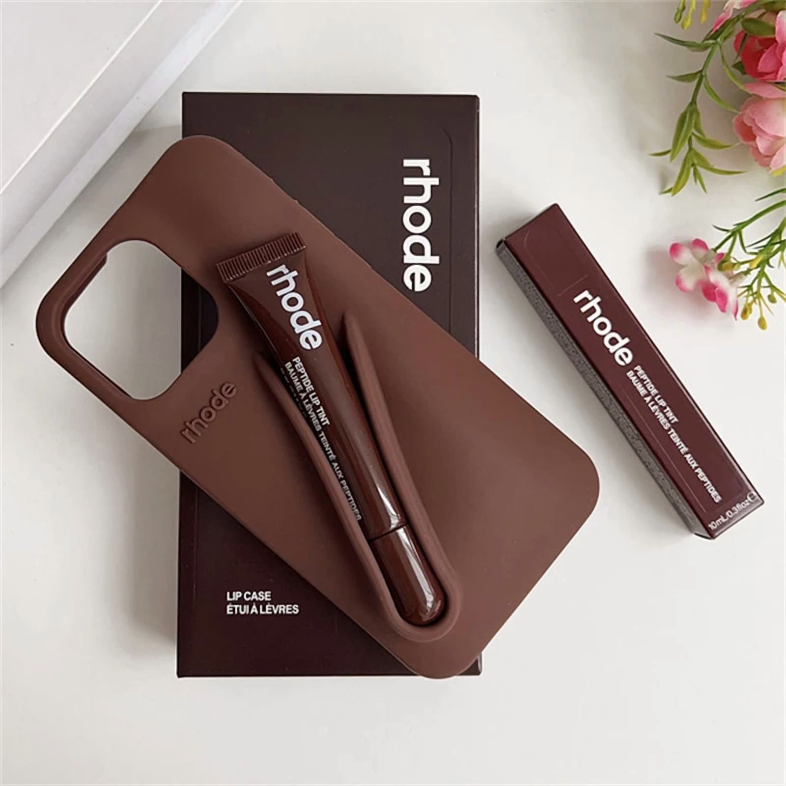 ForRhode with Lip Gloss Phone Case for IPhone 16 15 14 13 12 11 Pro Max Plus Lipstick Silicone DIY Toast Espresso Ribbon Box Cover