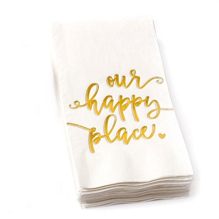 ForYourParty.com Our Happy Place Paper Guest Towels - White and Gold