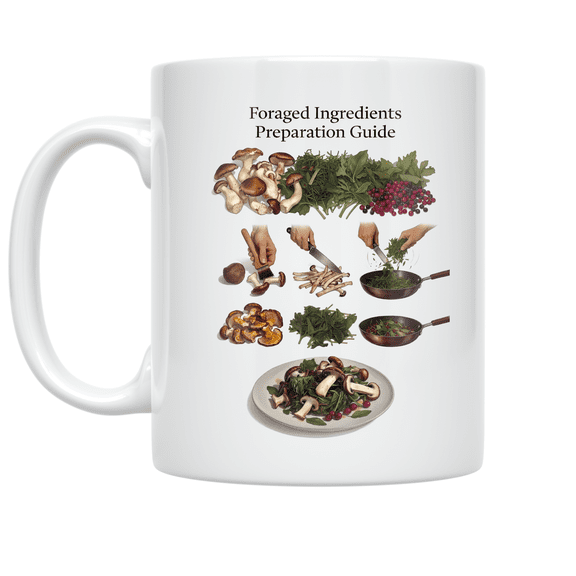 Foraged Ingredients Preparation Guide Mug, Home Cooks, Food Lovers, and Kitchen Enthusiasts, 11 oz White Ceramic