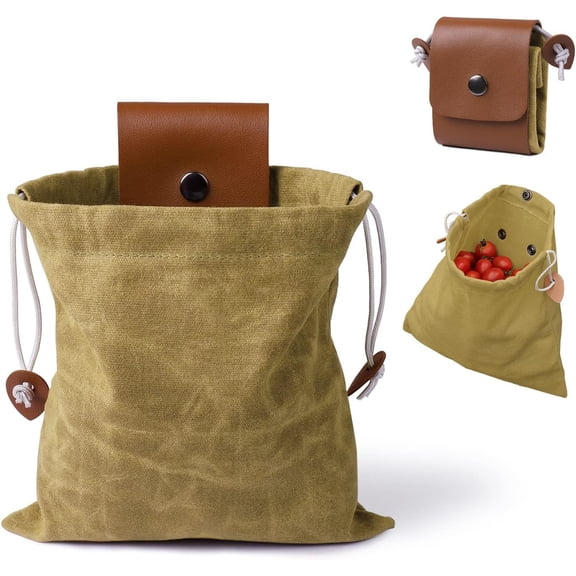 Foraging Bag Canvas Waist Pouch Foldable Harvest Bag Drawstring Storage Pouch for Fruit Vegetable Picking Camping Hiking
