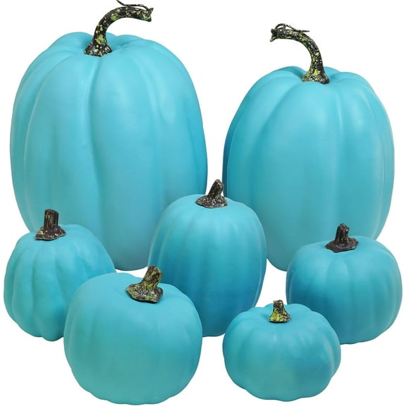 Foraging dimple 7 Pcs Assorted Artificial Teal Blue Pumpkins Halloween Faux Coastal Decorative Foam Pumpkins for Fall Baby Shower Thanksgiving Halloween Table Centerpiece Shelf Mantel Décor