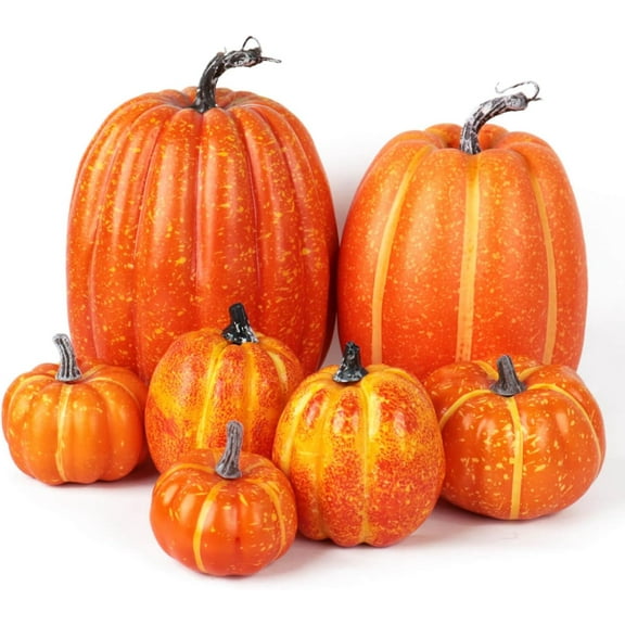 Foraging dimple 7 Pcs Assorted Orange Plastic Pumpkins for Decorating - Artificial Foam Pumpkins for Fall Decor, Thanksgiving, Halloween, Wedding & Party, DIY Craft Fake Pumpkin for Table Centerpiece