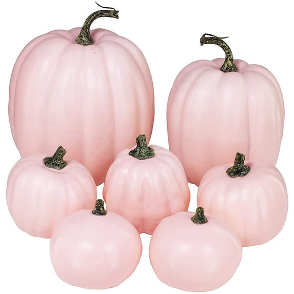 Foraging dimple 7 Pcs Assorted Sizes Fall Artificial Light Pink Pumpkins Harvest Faux Foam Pale Pink Pumpkins for Fall Autumn Season Halloween Thanksgiving Harvest Festive Tabletop Decoration