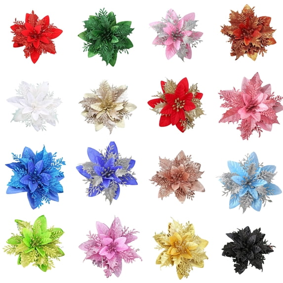 Foraging dimple Artificial Poinsettias Christmas Glitter Flowers with Clips Xmas Tree Ornament (Multicolor,16 Pieces)