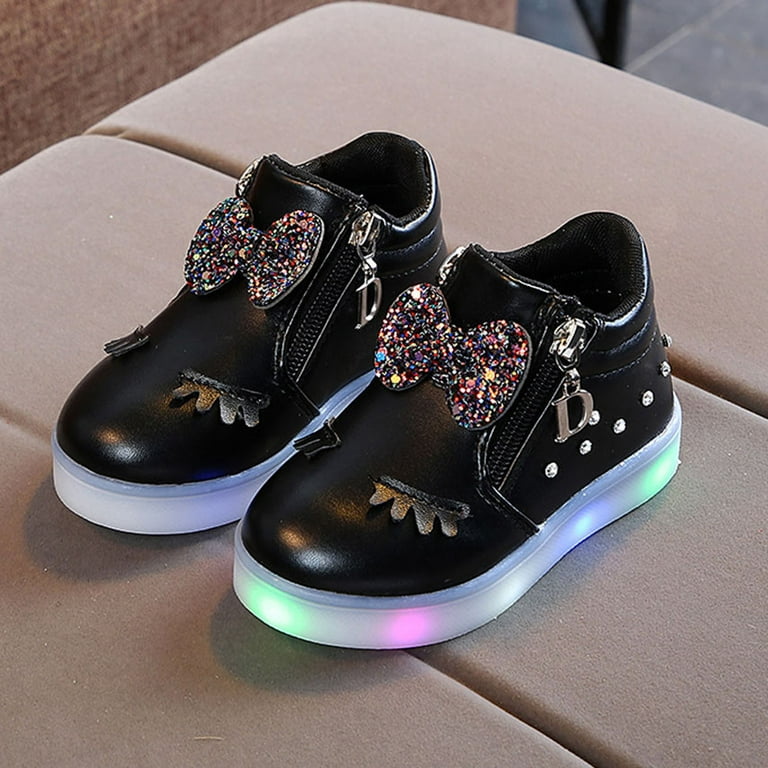 Foraging dimple Kids Baby Infant Girls Crystal Bowknot LED Luminous Boots  Sport Shoes Black 