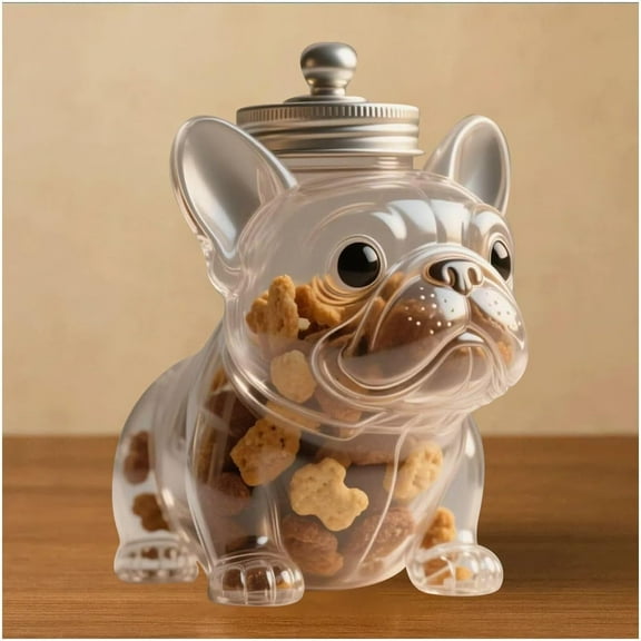 Foraging dimple Pet Treat Jar, 8 Inches Adorable Dog Shape Glass Airtight Pet Food Storage, Food Storage Container Dog Treat Container with Lids for Countertop Kitchen Dogs, Cats, Pets French Bulldog