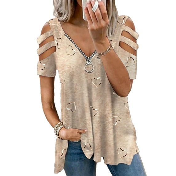 LilyLLL Plus Size Womens Short Sleeve Cold Shoulder Zipper V Neck Blouse T-shirt Tops