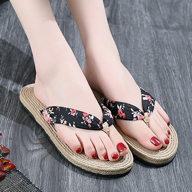 Foraging dimple Women Casual Hemp Silk Belt Flat Slippers Plastic