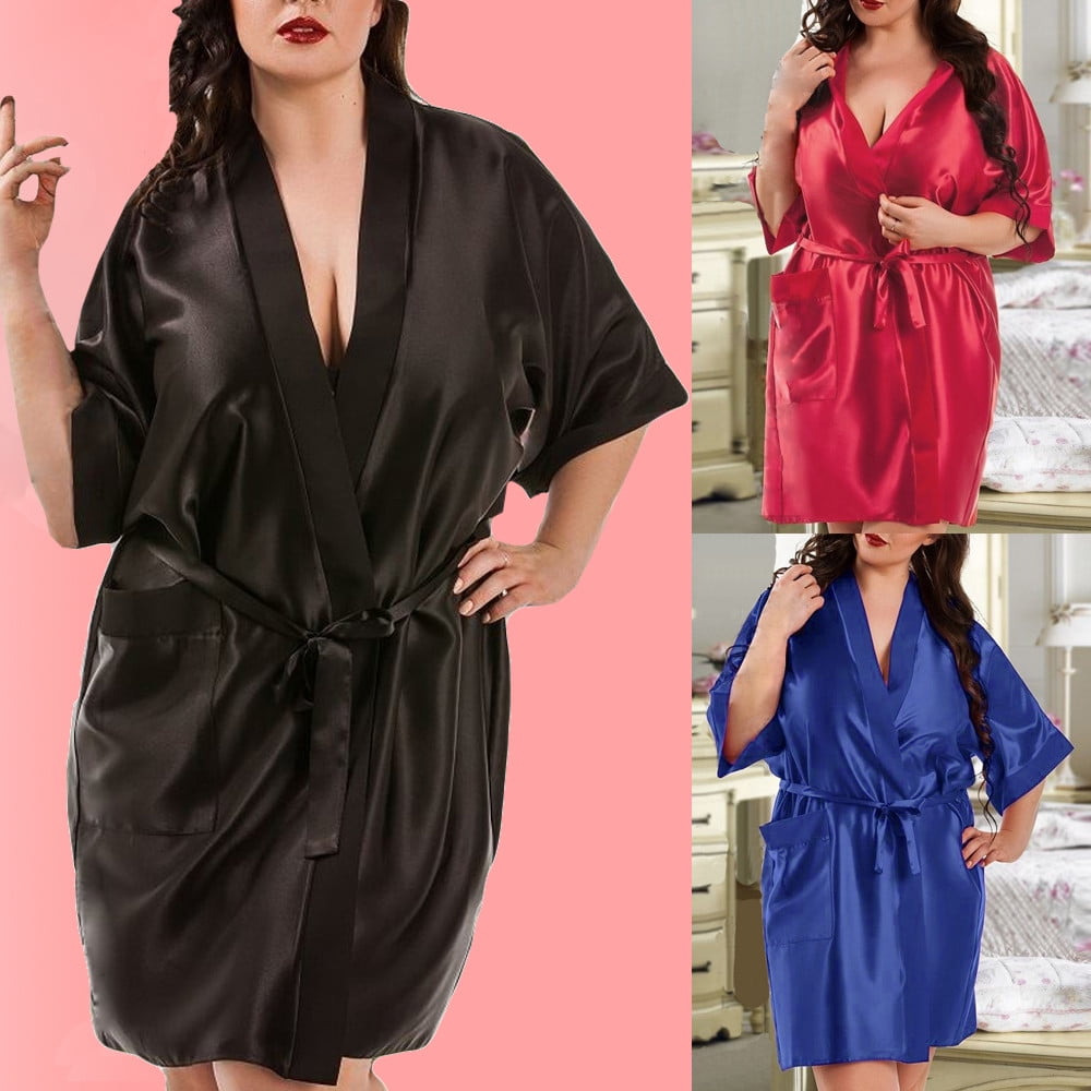 Foraging dimple Women Satin Dressing Gown Plus Size Lingerie Babydoll