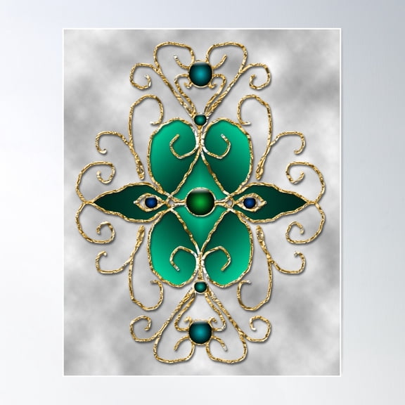 Foral Jeweled Filligree Teal And Gray Poster Wall Art, Modern Wall Decor For Living Room Bedroom, 8x12 UNFRAMED