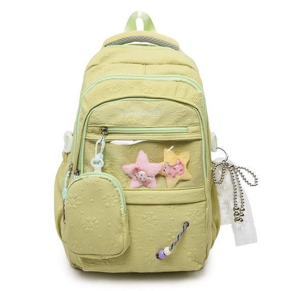 Foral School Backpack, Multi-layer Backpack with Star Pendant&Mini Pendant Bag, Lightweight Loptop Backpack for Middle School College, Green
